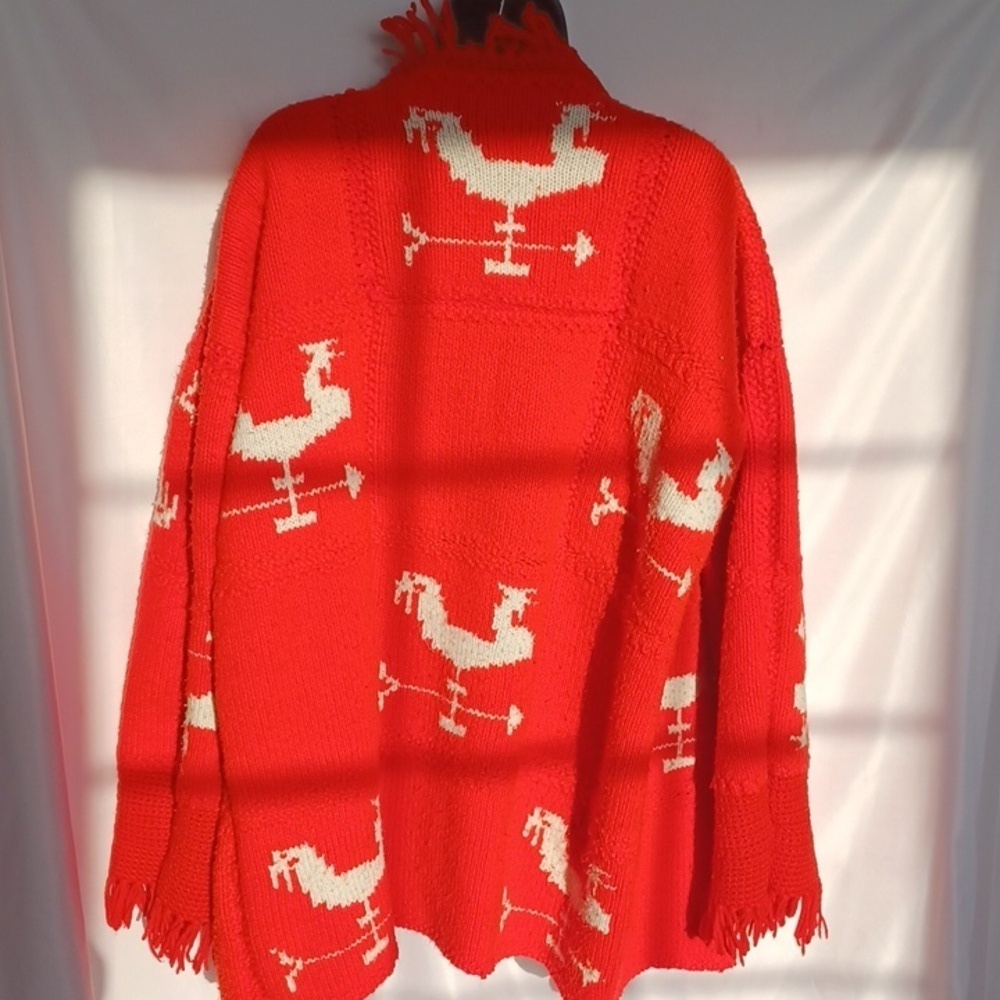 Handmade Crochet ROOSTER weather vane, Cardigan sz XL, red & white
